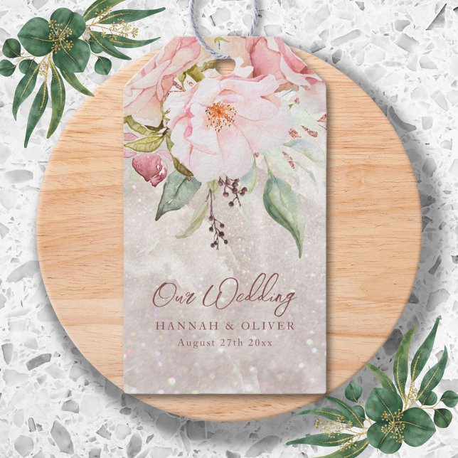 Elegant Pink Rose Peony Floral Marble Wedding  Gift Tags (In situ)