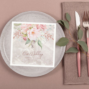 Elegant Pink Rose Peony Floral Marble Wedding  Napkin
