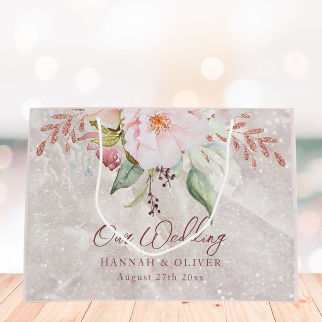 Elegant Pink Rose Peony Floral Wedding Gift Large Gift Bag (In situ)