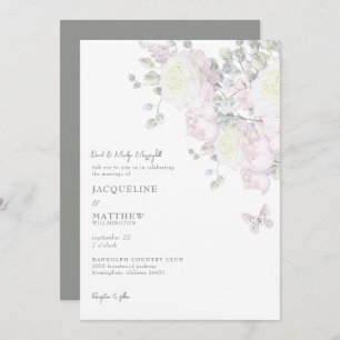 Elegant Pink Rose & Peony Sage Wedding Invitation