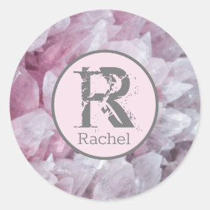 Elegant Pink Rose Quartz Name Monogram Template Classic Round Sticker
