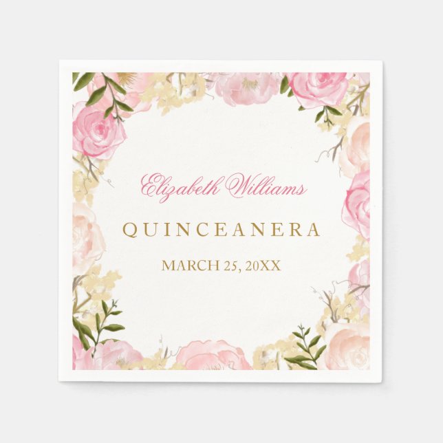 Elegant Pink Rose Quinceanera Napkin (Front)