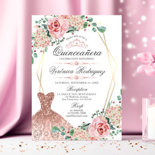 Elegant Pink Rose Quinceañera Quince Crown Tiara Invitation