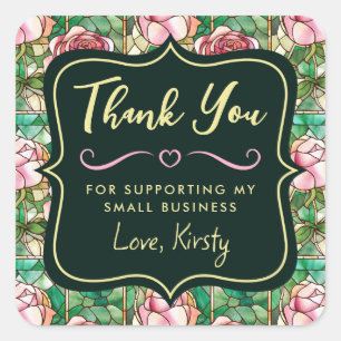 Elegant Pink Rose Stained Glass Small Business Square Sticker