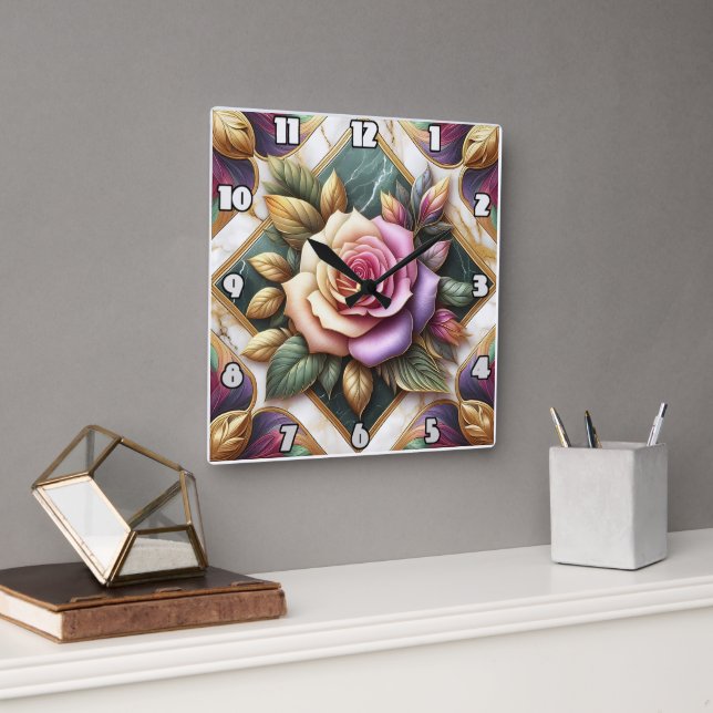 Elegant Pink Rose Surrounded by Colourful Leaves Square Wall Clock (Office)