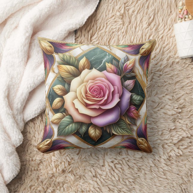 Elegant Pink Rose Surrounded by Colourful Leaves Throw Pillow (Blanket)