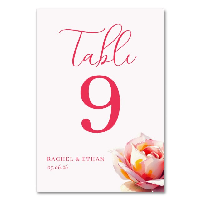 Elegant Pink Rose Table Number (Front)