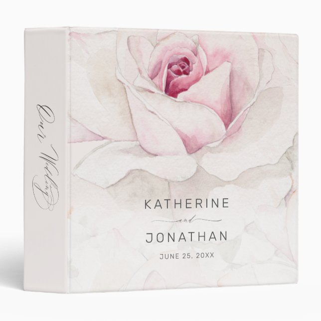 Elegant Pink Rose Watercolor Floral Script Wedding Binder (Front/Spine)