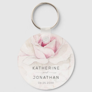 Elegant Pink Rose Watercolor Floral Script Wedding Keychain