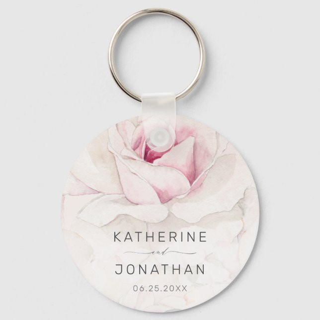 Elegant Pink Rose Watercolor Floral Script Wedding Keychain (Front)