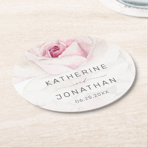 Elegant Pink Rose Watercolor Floral Script Wedding Round Paper Coaster