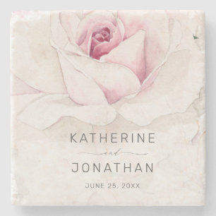 Elegant Pink Rose Watercolor Floral Script Wedding Stone Coaster