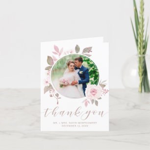 Elegant Pink Rose Watercolor Floral Wedding Photo Thank You Card