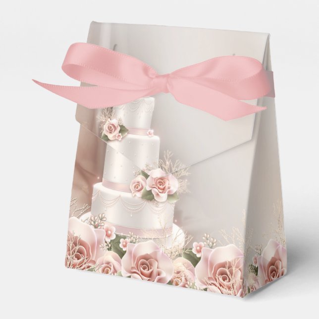 Elegant Pink Rose Wedding Cake Favor Box (Front Side)