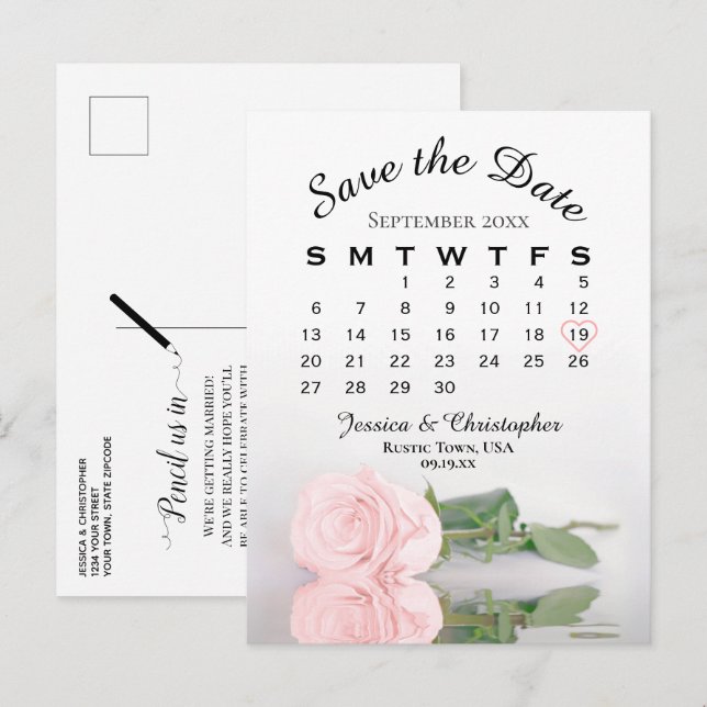 Elegant Pink Rose Wedding Calendar Save the Date Announcement Postcard (Front/Back)