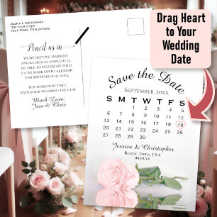 Elegant Pink Rose Wedding Calendar Save the Date Announcement Postcard