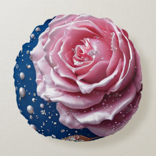 Elegant Pink Rose with Pearls and Crystals Round Pillow