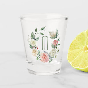 Elegant Pink Rose Wreath Monogram Shot Glass