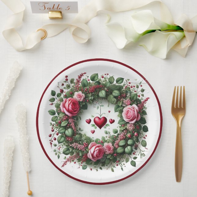 Elegant Pink Rose Wreath Red Hearts Paper Plate (Wedding)