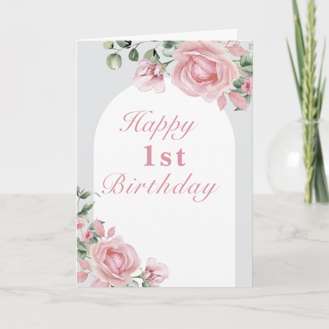 Elegant Pink Roses 1st Birthday Party  Card (Front)