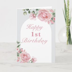 Elegant Pink Roses 1st Birthday Party Card