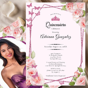 Elegant Pink Roses and Crown Quinceanera Invitation