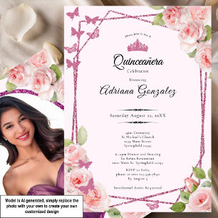 Elegant Pink Roses and Crown Quinceanera Invitation