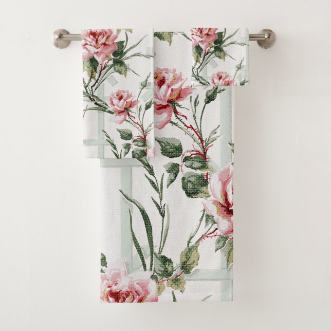 Elegant Pink Roses and Leaves on Trellis Bath Towel Set (Insitu)