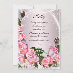 Elegant Pink Roses And Pearls Maid Of Honour Card