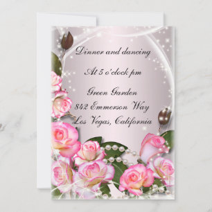 Elegant Pink Roses And Pearls Reception Card