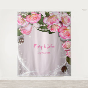Elegant Pink Roses And Pearls Wedding Backdrop Tapestry