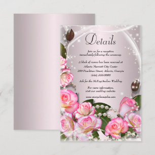 Elegant Pink Roses And Pearls Wedding Details Enclosure Card