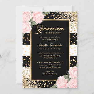 Elegant Pink Roses Black Gold Confetti Quinceañera Invitation