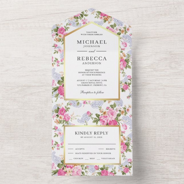 Elegant Pink Roses Botanical Garden Wedding All In One Invitation (Inside)