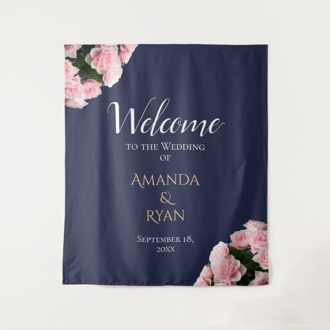 Elegant Pink Roses Bouquet Floral Wedding Welcome Tapestry (Front)