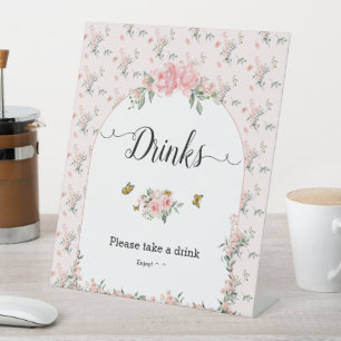 Elegant Pink Roses & Butterfly Baby Shower Drinks Pedestal Sign