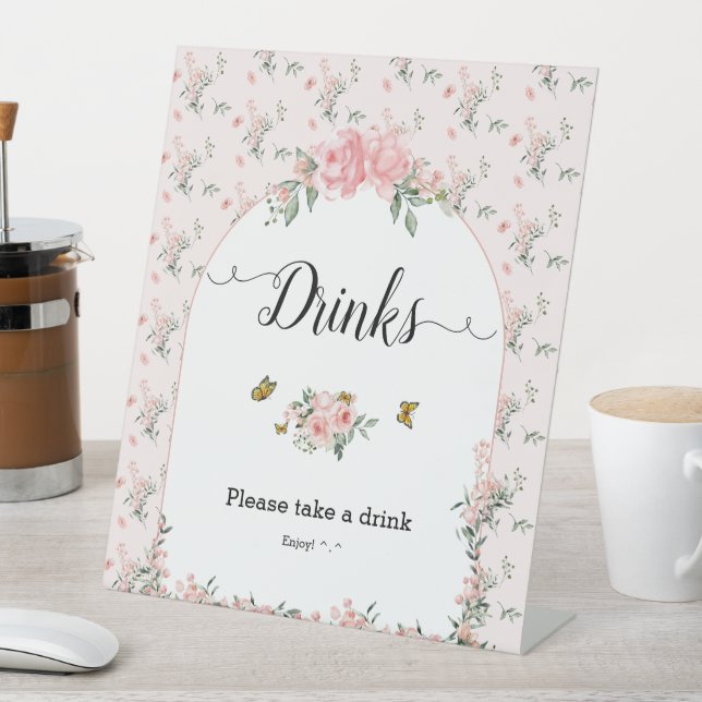 Elegant Pink Roses & Butterfly Baby Shower Drinks Pedestal Sign (In SItu)