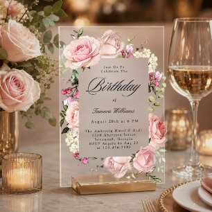 Elegant Pink Roses Calligraphy Birthday Party Acrylic Invitations