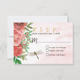 Elegant Pink Roses & Dragonflies Wedding RSVP Card
