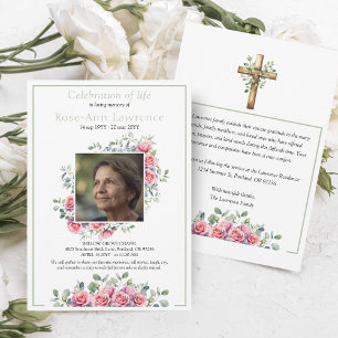 Elegant Pink Roses Eucalyptus Green Photo Funeral Invitation