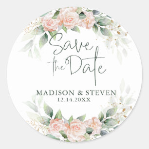 Elegant Pink Roses Eucalyptus Wreath Wedding Classic Round Sticker