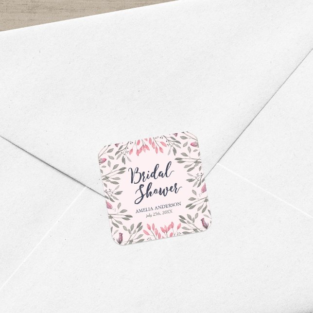 Elegant Pink Roses Floral Bridal Shower Square Sticker (Creator Uploaded)
