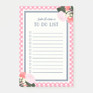 Elegant Pink Roses Floral Gingham To Do List Post-it Notes