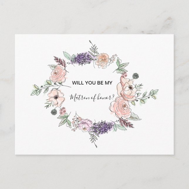 Elegant Pink Roses Floral Modern Matron of Honour Invitation Postcard (Front)