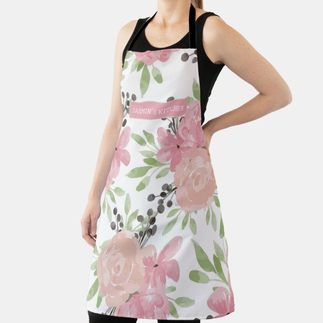 Elegant Pink Roses Floral Personalized Apron (Insitu)
