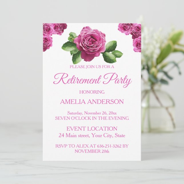 Elegant Pink Roses Floral retirement party  Invitation (Standing Front)