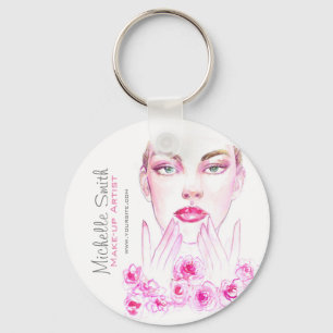 Elegant Pink Roses Floral Watercolor Beauty Salon  Keychain