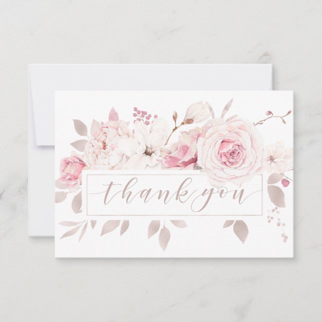 Elegant Pink Roses Floral Wedding Thank You (Front)