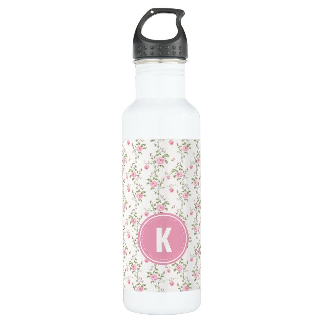 Elegant Pink Roses Flowers Pattern Monogram 710 Ml Water Bottle (Front)