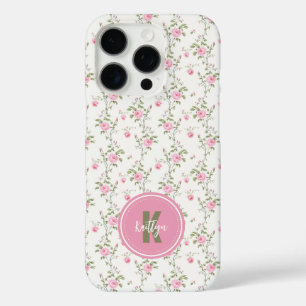 Elegant Pink Roses Flowers Pattern Monogram iPhone 16 Pro Case